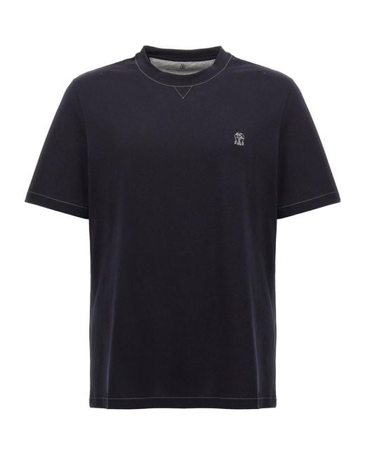 Brunello Cucinelli Black Logo Embroidered Crewneck T-Shirt for men