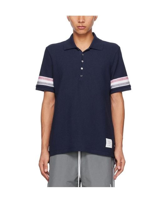 Thom Browne Blue Logo Patch Striped Polo Shirt for men