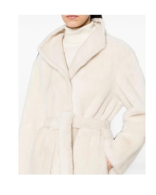 Yves Salomon White Belted Shearling Coat