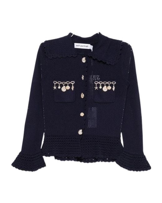 Self-Portrait Blue Charm-Detail Scalloped-Trim Buttoned Cardigan
