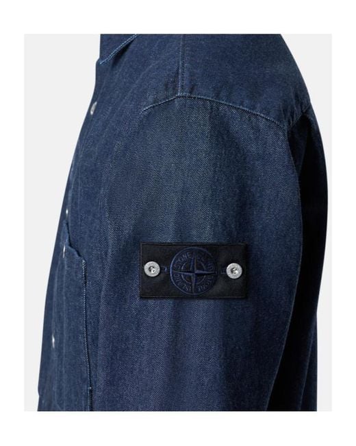 Stone Island Blue Logo Patch Long Sleeved Shirt Jacket for men
