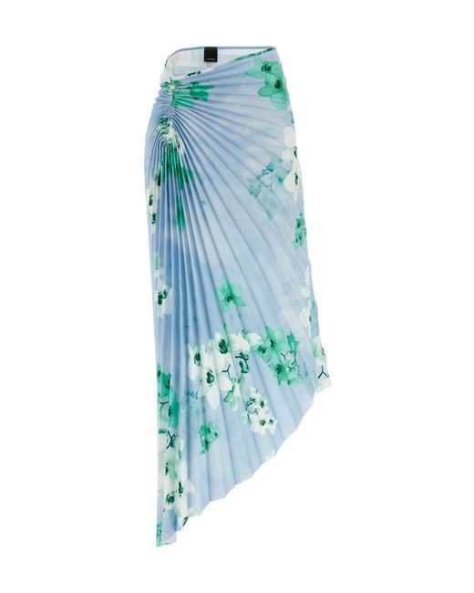 Pinko Blue Floral Printed Pleated Midi Skirt