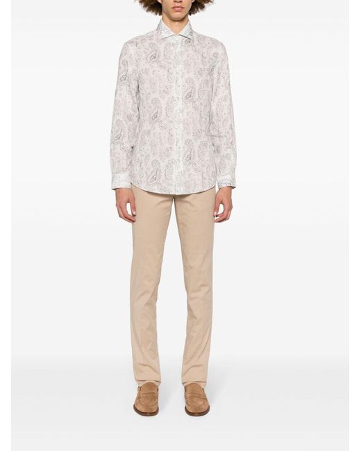 Brunello Cucinelli White Paisley-Printed Long Sleeevd Shirt for men