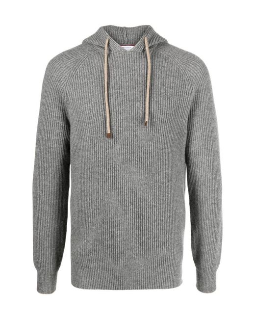 Brunello Cucinelli Gray Ribbed Cashmere Drawstring Hoodie for men