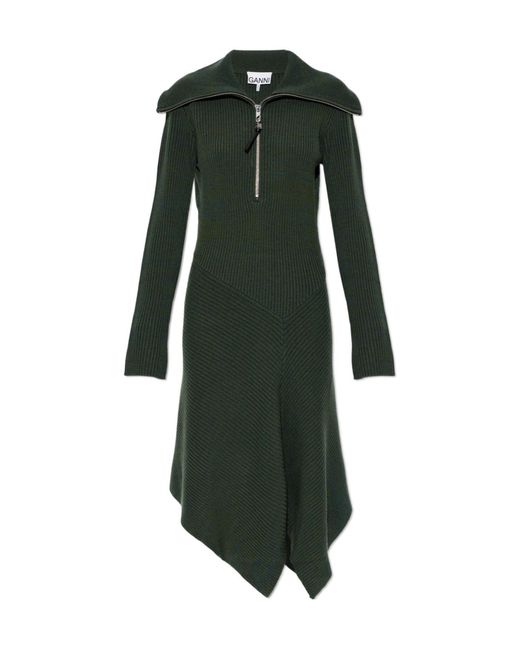 Ganni Green Long-Sleeved Dress