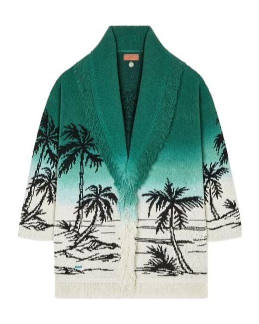 Alanui Green Wave Bloom Fringed Belted Cardigan