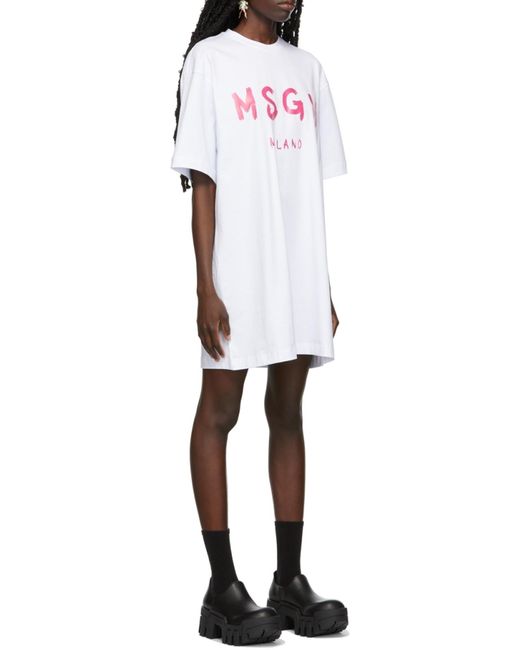 MSGM White Logo Print Round-Neck Dress
