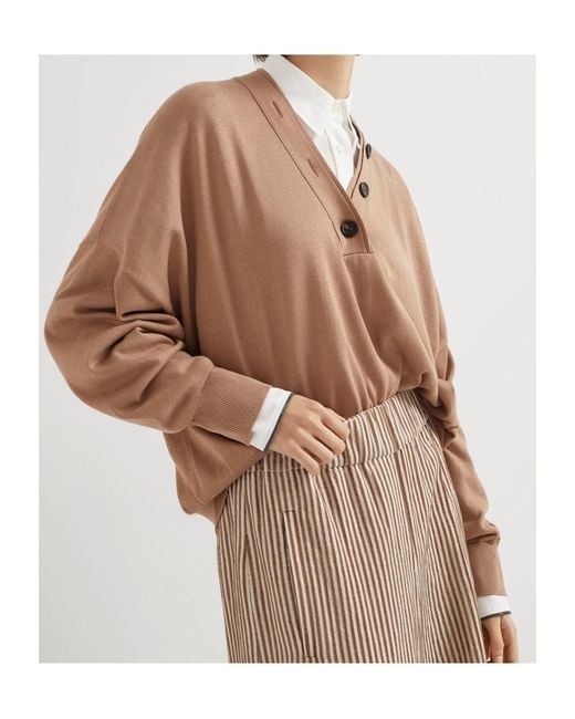 Brunello Cucinelli Brown V-Neck Buttoned Jumper