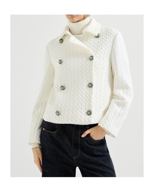 Brunello Cucinelli White Cable-Knit Buttoned Blazer