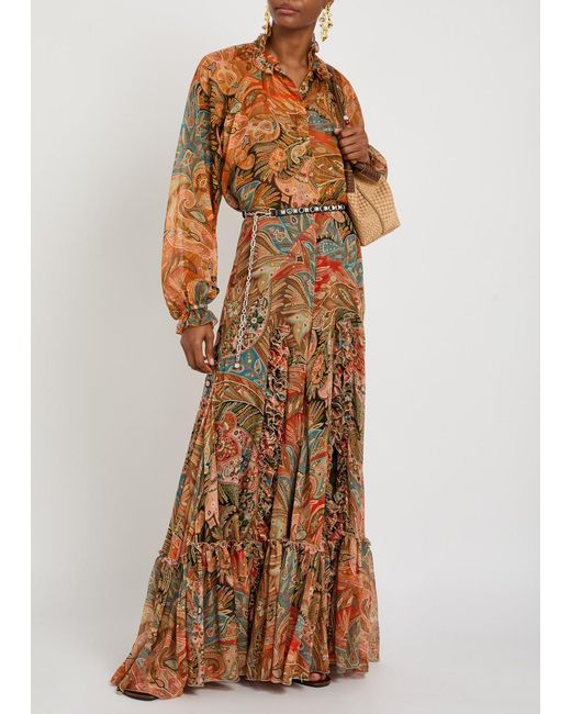 Etro Brown Paisley Ruffled Silk Maxi Skirt