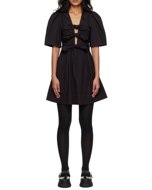 Ganni Black Bow Detailed V-Neck Mini Dress