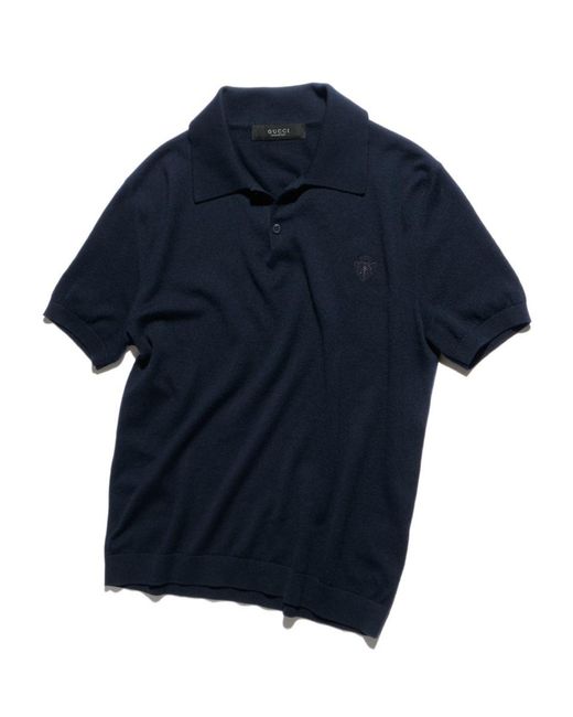 Gucci Blue Knit Cashmere Polo Shirt With Embroidery for men