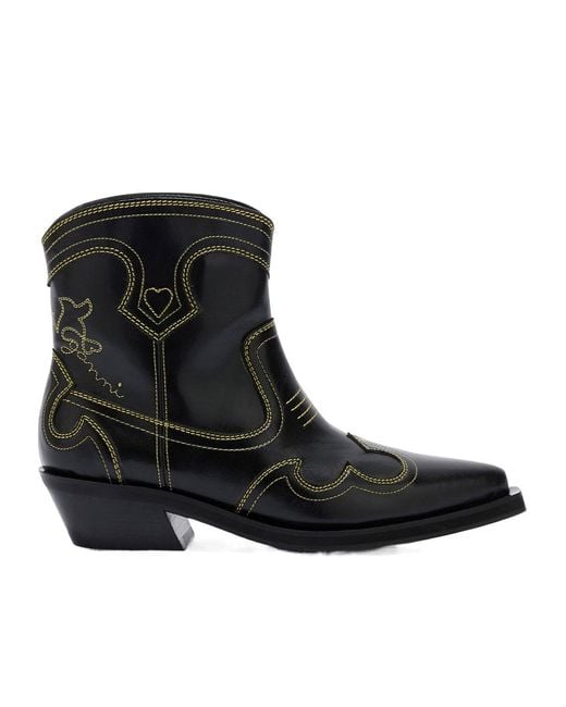 Ganni Black Low Shaft Embroidered Western Boots