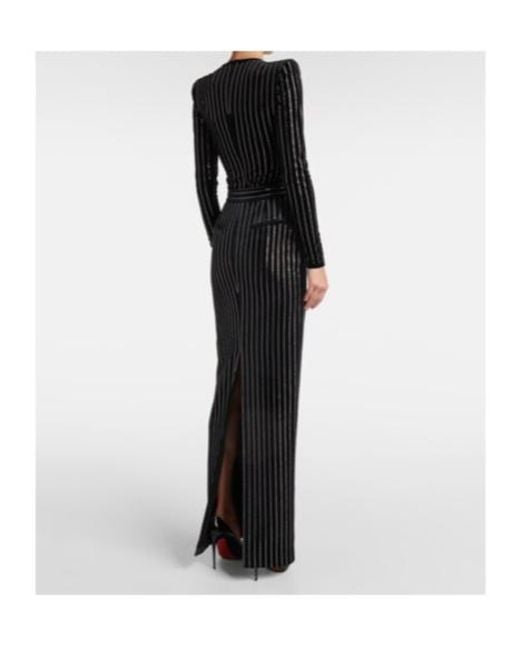 Alex Perry Black Column Embellished Pinstripe Velvet Maxi Skirt