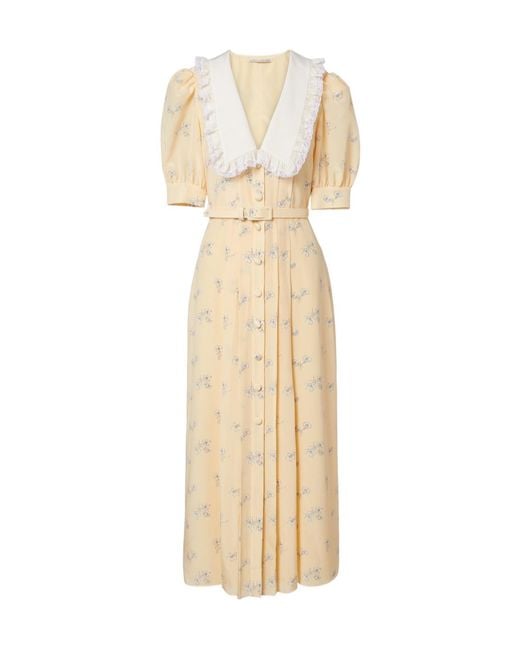 Alessandra Rich Natural Lace-Trimmed Floral Silk Dress