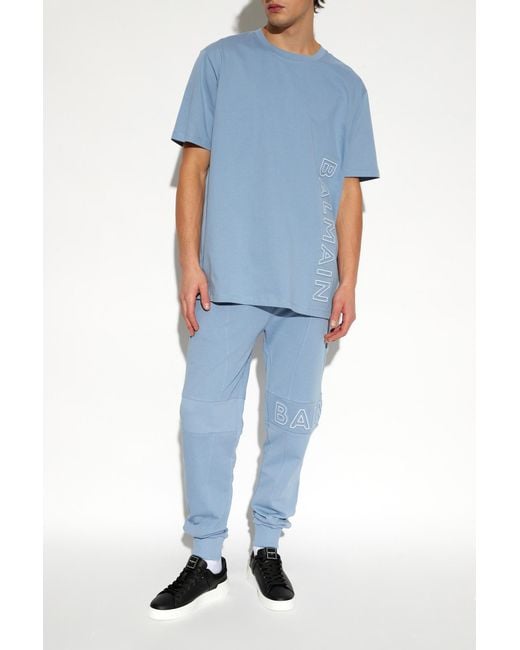 Balmain Blue Logo Embossed Crewneck T-Shirt for men