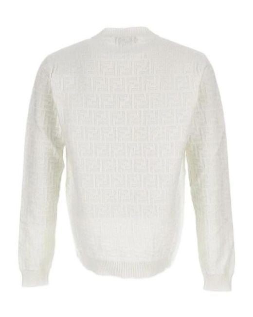 Fendi White Ff Monogram Crewneck Knitted Jumper for men