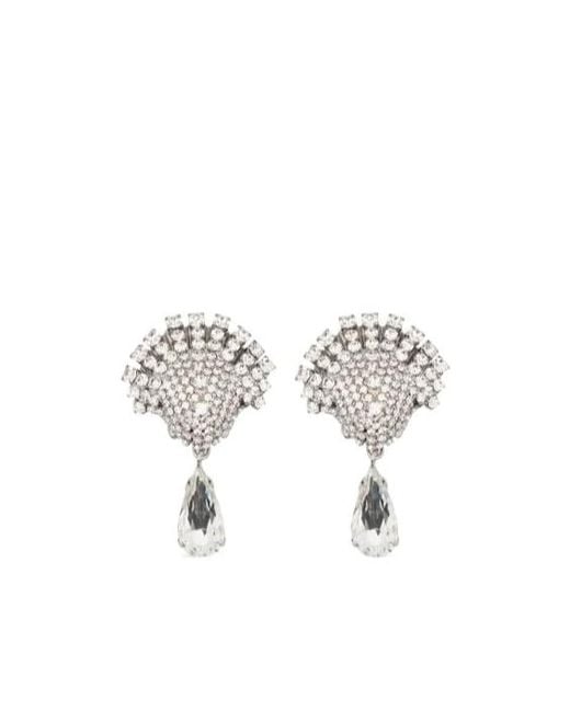 Alessandra Rich White Fan-Shaped Fully Encrusted Teardrop Drop Earrings