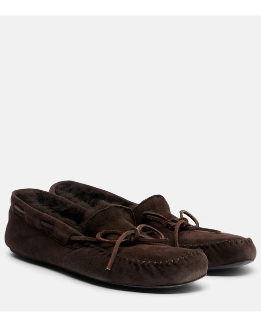 The Row Black Lucca Shearling-Trimmed Suede Boat Shoes