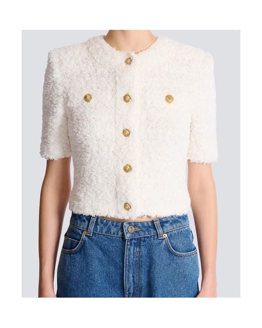 Balmain White Crewneck Knitted Cardigan