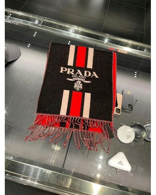 Prada Red Striped Logo Scarf
