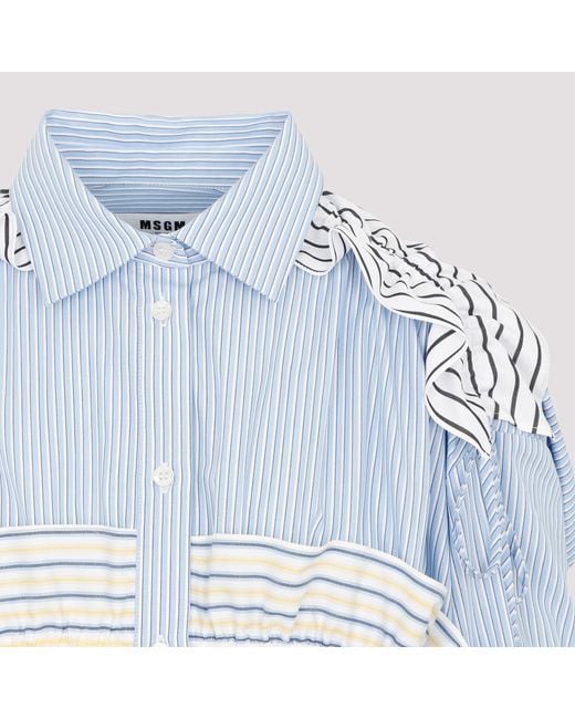 MSGM Blue Ruffle-Stripe-Detail Buttoned Mini Dress