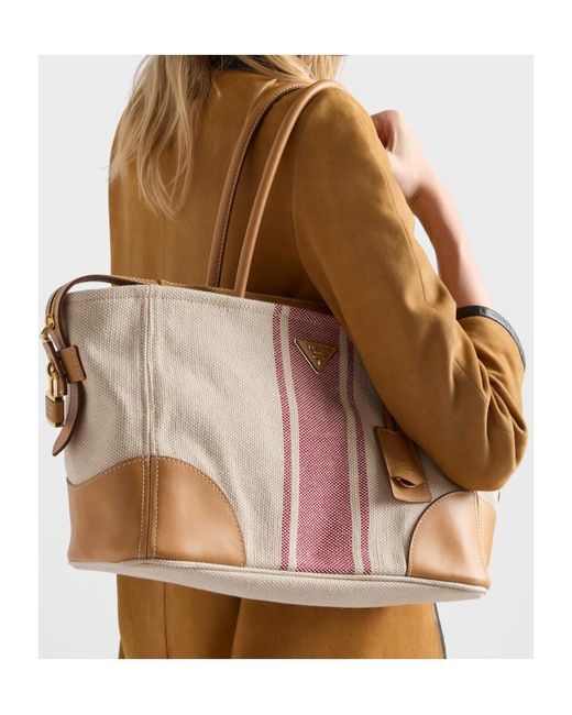 Prada Brown Large Canvas And Leather Tote Bag