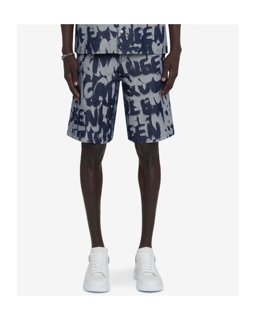McQueen Blue Graffiti Printed Bermuda Denim Shorts for men