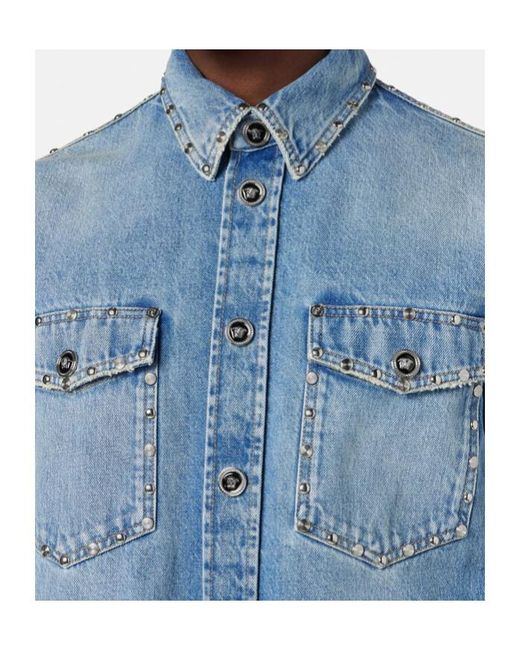 Versace Blue Embellished Denim Overshirt for men