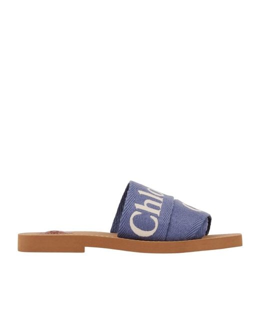 Chloé Blue Chloé Woody Logo Embroidered Sandals