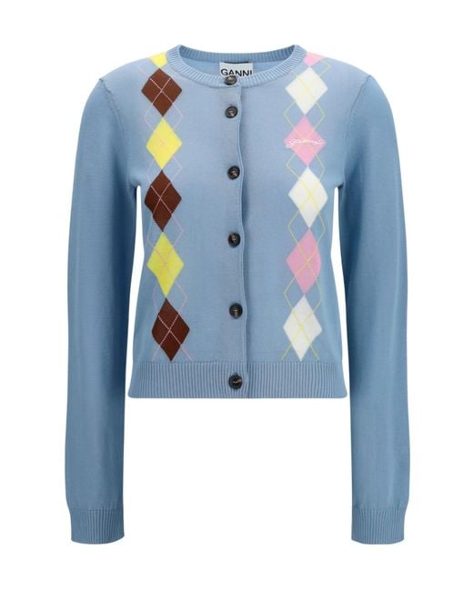 Ganni Blue Argyle Buttoned Cardigan