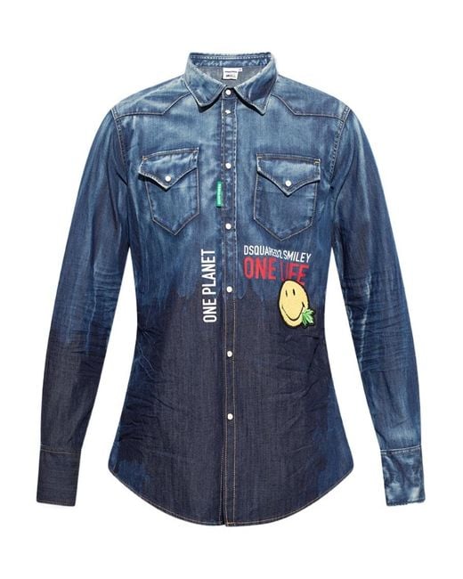 DSquared² Blue Denim Logo-Print Shirt for men