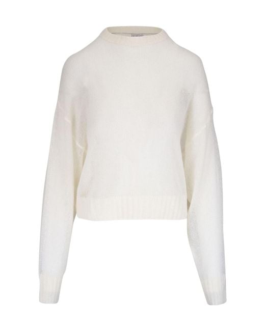 Brunello Cucinelli White Ribbed Crewneck Sweater
