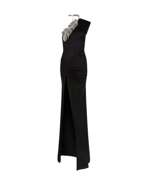 David Koma Black Crystal-Feather One Shoulder Gown