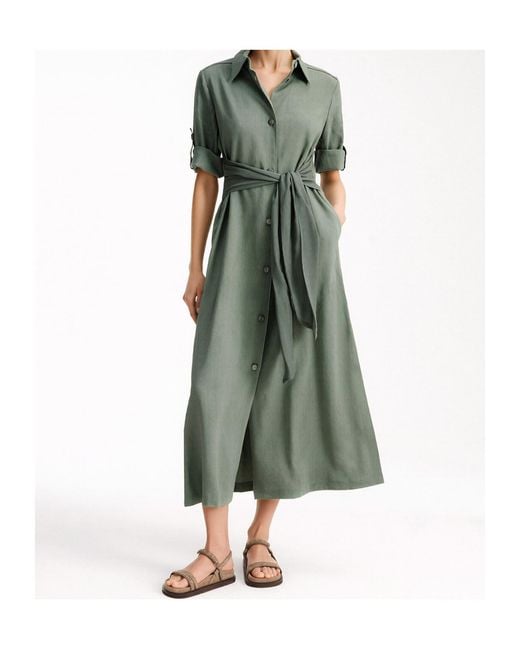 Marella Green Stretch Linen And Viscose Shirt Dress