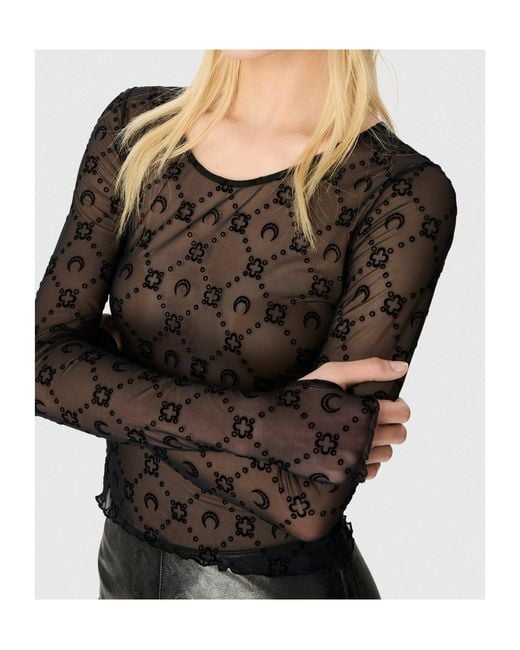 MARINE SERRE Blue Moonogram Mesh Flock Long Sleeves Roundneck Top