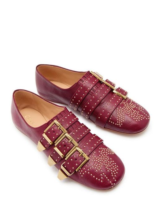 Chloé Red Susan Stud-Embellished Grained Leather Flats