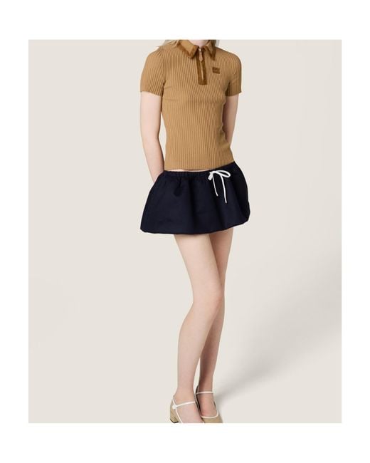 Miu Miu Brown Cashmere-Blend Suede-Trim Ribbed Polo Shirt