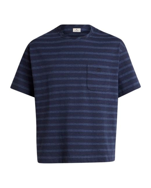 Etro Blue Striped Jersey Round-Neck T-Shirt With Chest Pocket for men