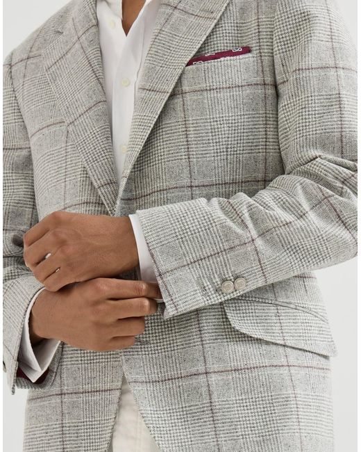 Brunello Cucinelli Gray Silk, Wool And Cashmere Prince-Of-Wales Flannel Deconstructed Cavallo Blazer With Metal Buttons for men