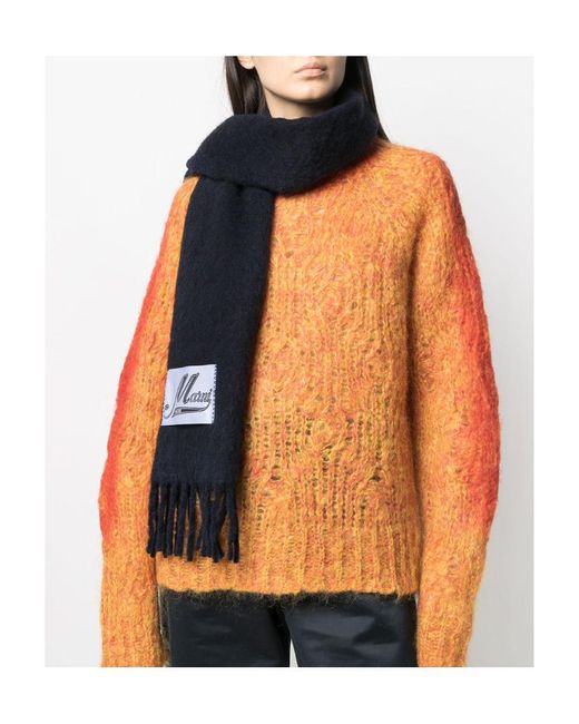 Marni Blue Logo Patch Fringed Scarf