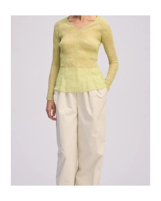 Issey Miyake Yellow Pleated V-Neck Top