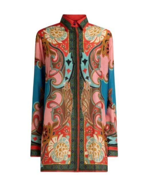 Etro Orange Placed Print Long Silk-Blend Shirt