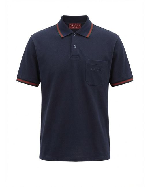 Gucci Blue Cotton Polo Shirt With Embroidery for men