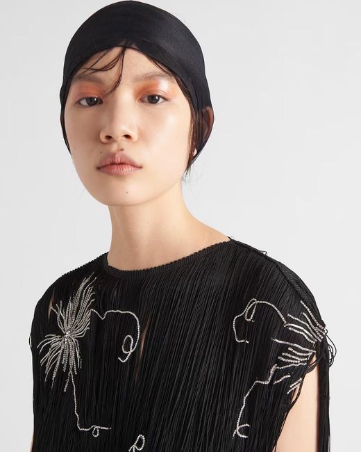Prada Black Embroidered Dress With Fringe