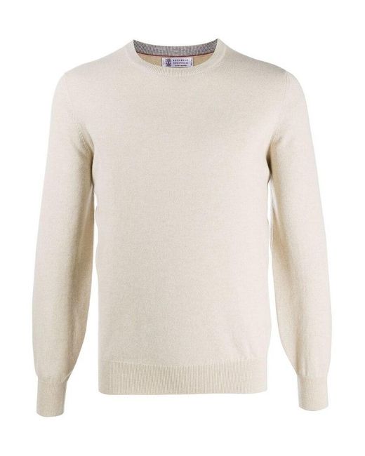 Brunello Cucinelli White Long Sleeved Crewneck Jumper for men