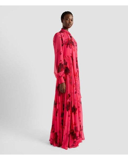 Erdem Red Pleated Floral-Print Voile Gown