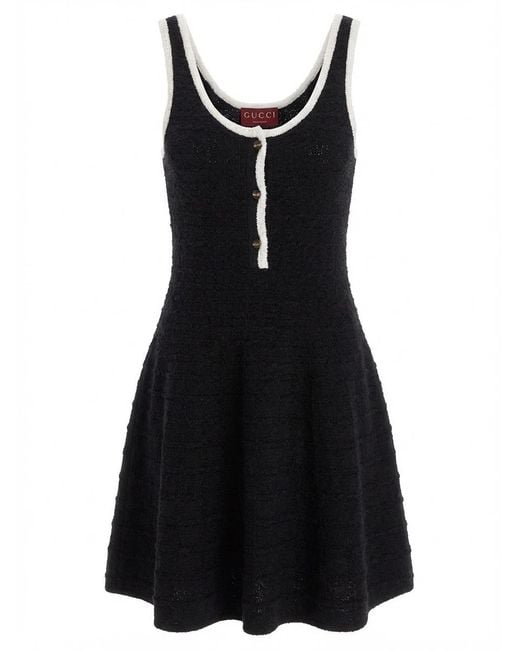Gucci Black Tweed Wool Dress With Embroidery