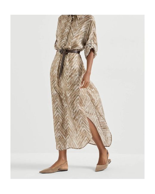 Brunello Cucinelli Natural Silk Chevron Shirt Dress