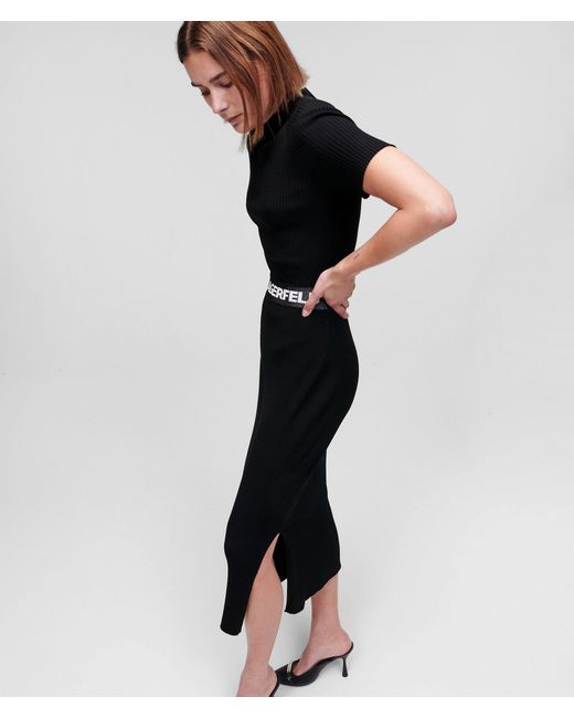 Karl Lagerfeld Black Logo-Waist Knitted Dress